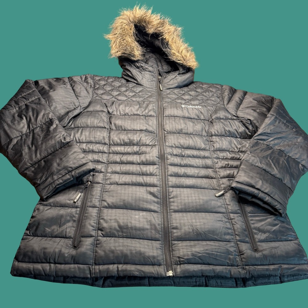 Columbia Puffer Jacket XL Black Faux Fur Hood Quilted Insulated Winter Coat